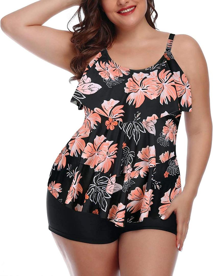 Yonique Women's Plus Size Tankini Swimsuits with Shorts Two Piece Bathing Suits Ruffle Swimsuits Tummy Control Swimwear 14 W