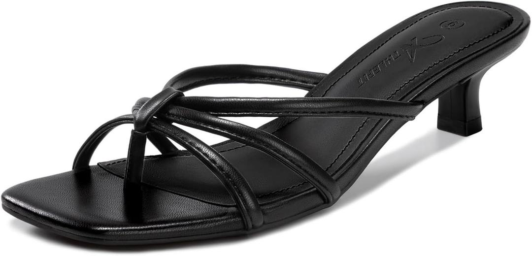 Athlefit Kitten Heels for Women Square Toe Strappy Flip Flop Low Heels Slip On Thong Heeled Sandals for Office,Party,Wedding size 9 (Black, L)