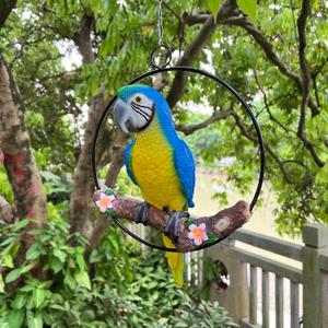 Hanging Scarlet Macaw Parrot Perching on Branch in Metal Round Ring for Home Patio Garden Decor 16" H (Blue and Yellow)