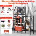 POKIPO Fishing Rod Holders for Garage,Fishing Rod Rack Storage up to 18 Rods,3 Tier Adjust Heavy Duty Metal Fish Pole Stand Organizer with Pegboard for Fishing Gear and Equipment Accessories