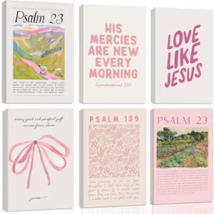 6Pcs Christian Canvas Wall Art Pink Bible Verse Bow Paintings Cute Preppy Posters Coquette Aesthetic Prints Trendy Scripture Jesus Picture Wall Decor for Bedrooms living Room Dorm Framed (8x10 in Wrapped Canvas)