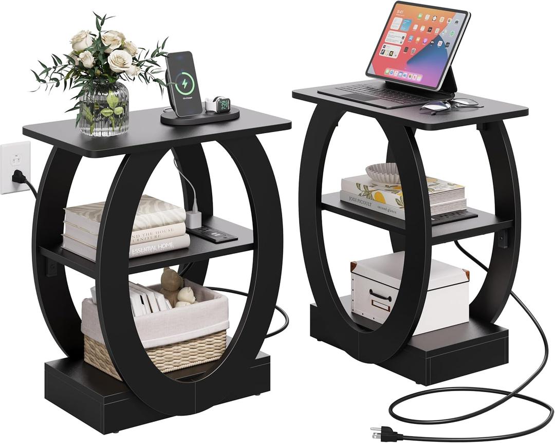 End Table Set of 2 with Charging Station, Black Side Table with USB Ports and Power Outlets, Wood Nightstand with Large Storage Shlef for Living Room Bedroom Sofa Couch, Bedside Table Night Stands