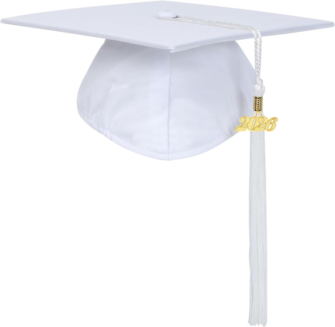 Unisex Adult Matte Graduation Cap with Tassel Year Charm (White)