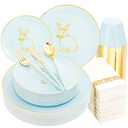 YOUBET 175PCS Easter Disposable Plates - Green and Gold Plastic Plates with Rabbit for 25 Guests include 50Plates, 75Plastic Silverware, 25Cups and 25Napkins for Easter Party