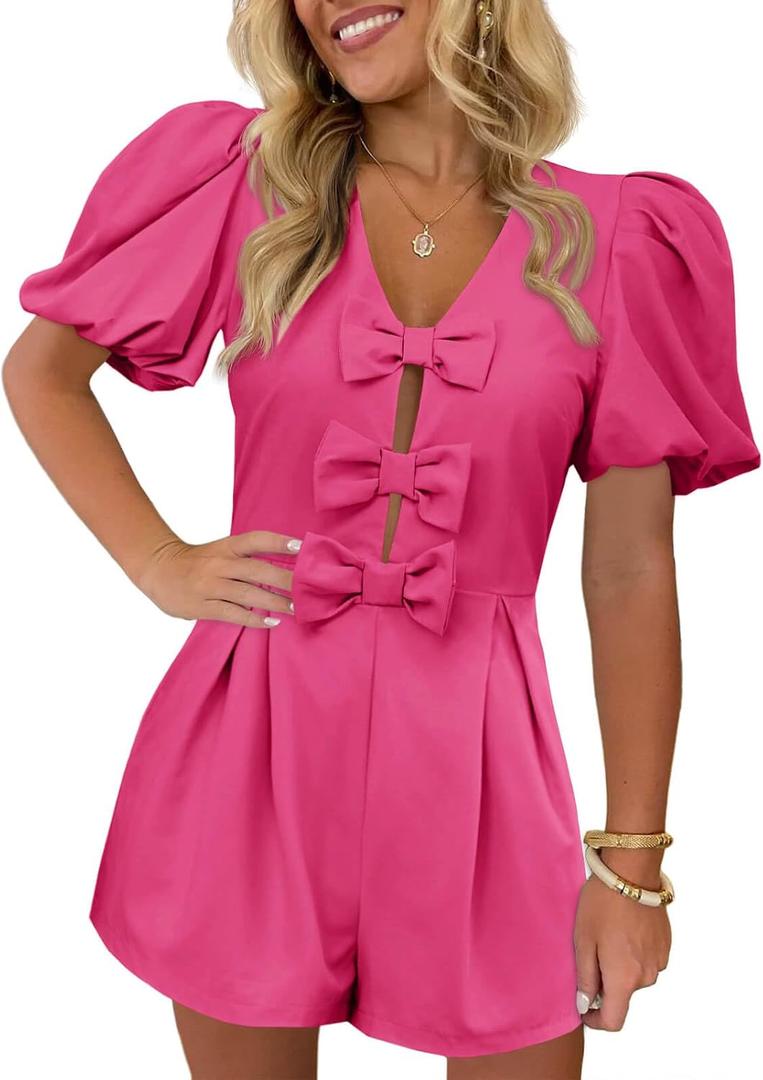 Cicy Bell Womens Cute Rompers Bow Front Puff Sleeve V Neck Short Jumpsuits Sexy Summer Outfits with Pockets (Pink, L)