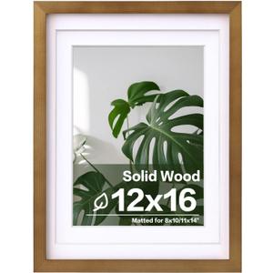 Egofine 12x16 Picture Frame Made of Solid Wood with Plexiglass, Display Pictures 9x12/11x14 with Mat or 12x16 Without Mat, for Wall Mounting Photo Frame, Light Brown