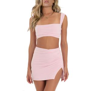 CSDAJIO Summer 2 Piece Outfits for Women Sleeveless Square Neck Crop Top Ruched Strappy Tank and Bodycon Mini Skirt (Medium, Lightpink)