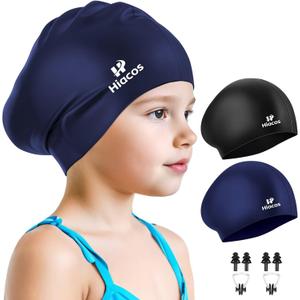 2 Pack Kids Swim Cap for Girls Boys, 2 Size Silicone Swimming Cap for Toddlers Children Teens, Waterproof Swim Hatsfor Long Hair to Keep Hair Dry (8T-15T, Black+Navy)