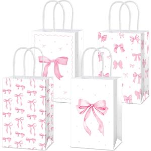 12Pcs Pink Bow Party Favor Bags Bow themed Goodie Bags Candy Bag for Birthday Party Decoration Gift Treat Bag with Handles for Bachelorette Engagement Baby Bridal Shower Supplies