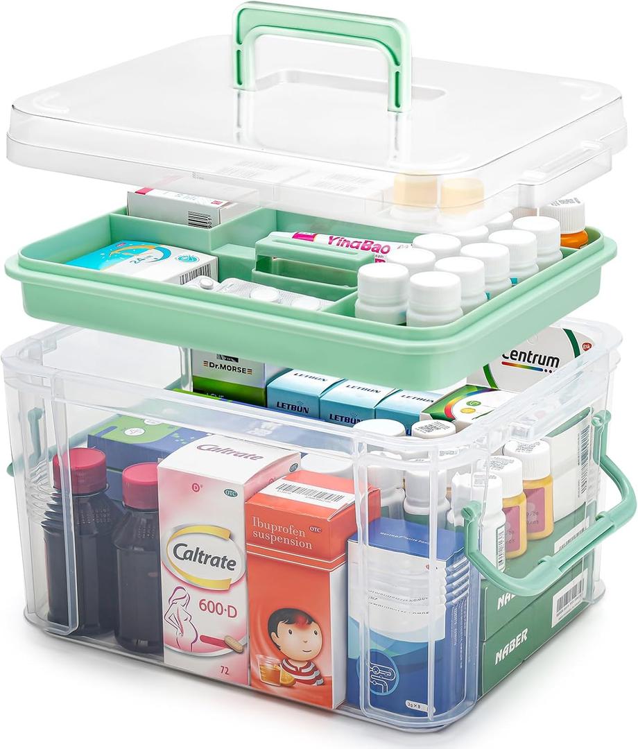 15QT Clear Medicine Organizer Storage Box with Handle & Tray - Thickened Plastic Empty First Aid Box, Multipurpose Medical Container with Lids/Labels, Medication Caddy for Home, Baby, Elderly, Dorm