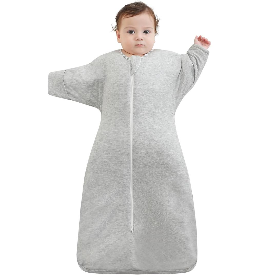 PuppyPaws Baby Sleep Sack 1.5 TOG, Transitional Swaddle with Arms Up Length Sleeves and Mitten Cuffs, Sleep Sack 0-3 Months, Wearable Blanket Baby, 95% Rayon derived from Bamboo, 5% Spandex (Grey)