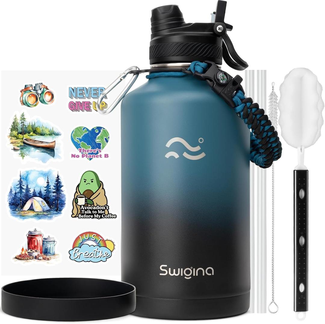 [2-IN-1 LID] 64 oz Insulated Water Bottle with Silicone Boot (48hrs Cold/24hrs Hot) - DIY Stickers, Leakproof, BPA Free, Half Gallon (Cyan Black)