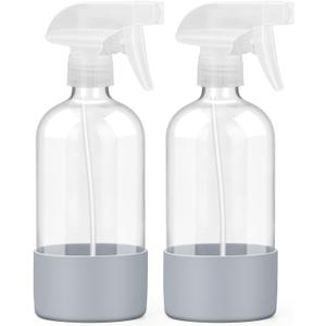 2 Pack Glass Spray Bottles with Silicone Sleeve, 16 oz Empty Refillable Containers with Adjustable Spray Nozzles, Spray Bottles for Hair, Cleaning Solutions and Plants (Grey)