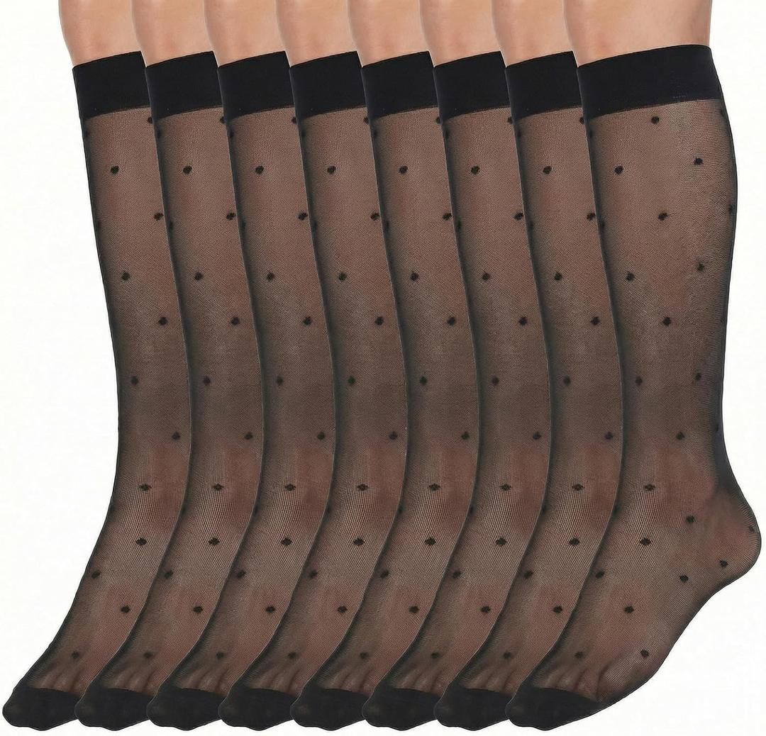 4 Pair Black Sheer Polka Dot Socks, Black Polka Dot Stockings for Women | Stretchy Knee High Polka Dot Stockings for Women, Girls (Black)