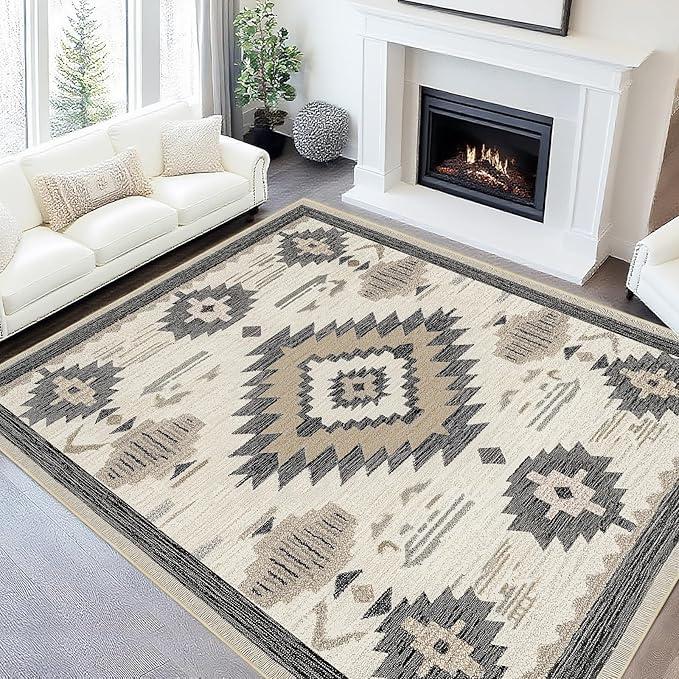 Area Rug 8x10 Western Rug Living Room Southwestern Aztec Rugs Machine Washable Tribal Navajo Southwest Rug Non Slip Printed Low-Pile Indoor Floor Carpet for Dining Room Bedroom Office, Beige