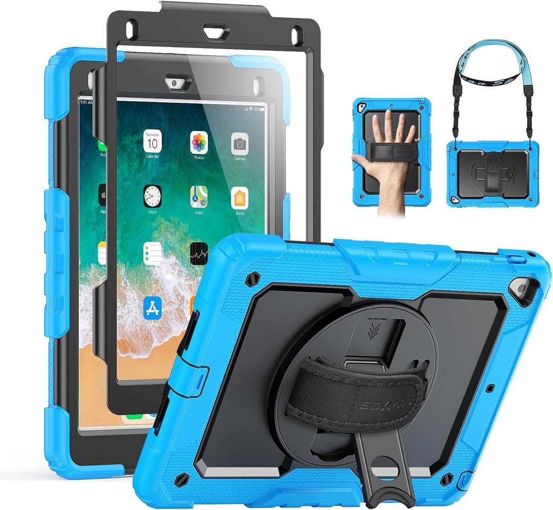 SEYMAC for iPad Pro 11 Inch Case M5 2025 / M4 2024, Heavy Duty Shockproof Protective Case with Screen Protector, 360 Rotating Stand, Hand/Shoulder Strap and Pen Holder, 
Light Blue