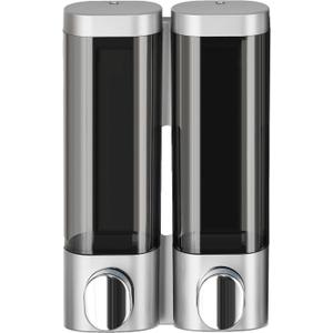 RANKADO Luxury Shower Soap Dispenser 2 Chamber No Drill,Soap Shampoo Conditioner Dispenser Bathroom Wall Mounted with Labels Hotel RV,(Silver Grey)