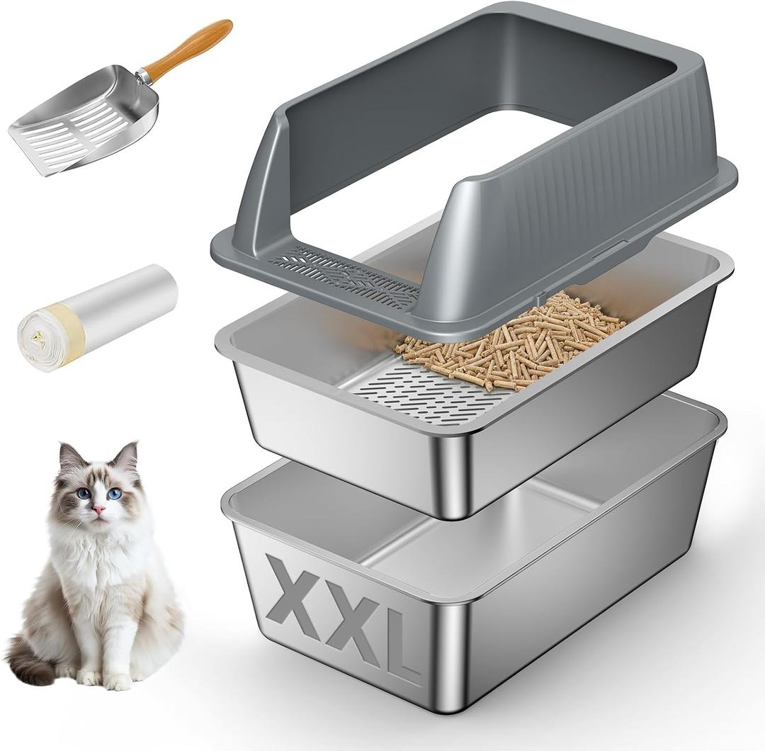 XXL Stainless Steel Sifting Litter Box with Lid,Sifting Cat Litter Box for Wood Pine Pellets,16''High Sides Sifter Litter Pan System,Odor Control,Easy to Clean,with Liners and Scoop