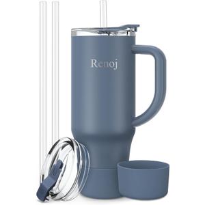 Renoj Insulated Mug 100% Leak Proof Insulated Water Bottle for Iced Coffee & Hot Drinks - Fits Car Cup Holder, Ideal Gift, 2 Straws & Silicone Boot - SnapShift Pink 40 oz (Navy Blue)