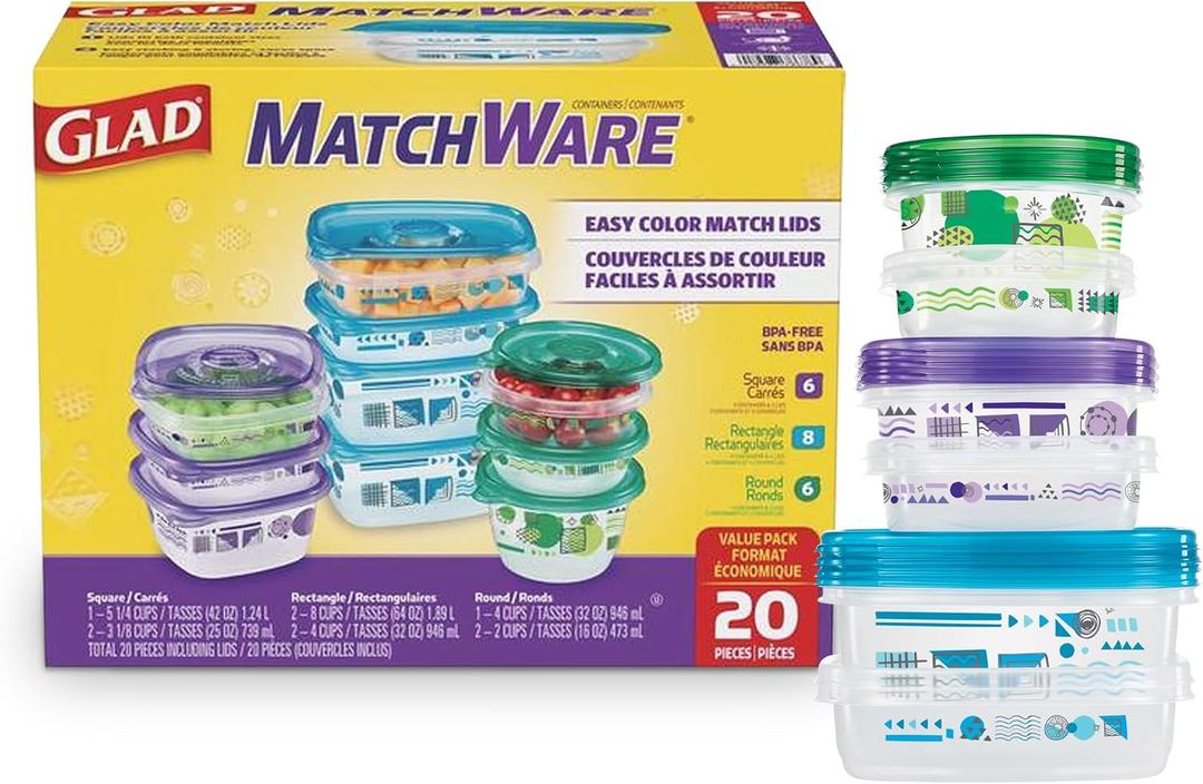 Glad GladWare MatchWare Food Storage Containers with Lids, Reusable Plastic Containers Variety Pack for Lunch, Meal Prep, and Leftovers, Leak Resistant, Microwave and Dishwasher Safe, 20 Piece Set (Multicolor)