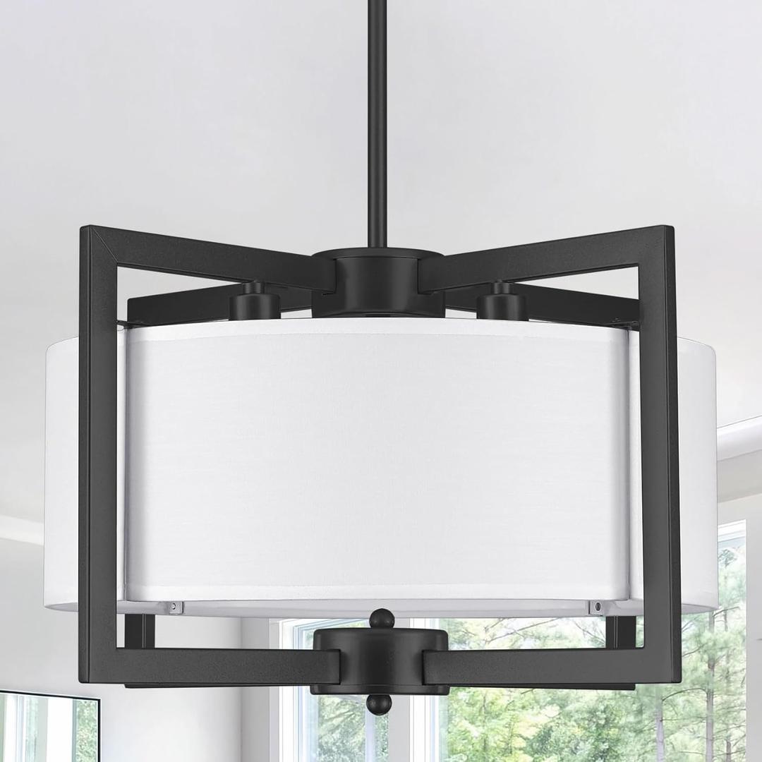4-Light Modern Black Chandelier, 18" Geometric Dining Room Light Fixtures Over Table, Industrial Metal Linen Drum Chandelier Hanging Light Fixture for Kitchen Bedroom Living Room Foyer Entryway