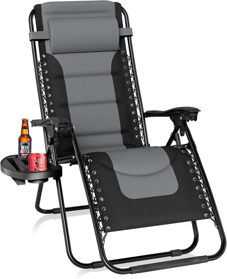 PHI VILLA Padded Zero Gravity Lounge Chair Folding Patio Recliner with Adjustable Headrest & Cup Holder, Support 350 LBS (Grey)