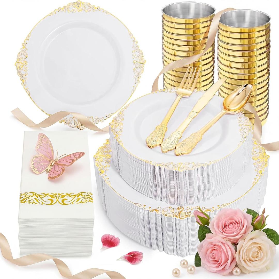 Nervure 350PCS Gold Plastic Dinnerware - White and Gold Disposable Plates for 50 Guests - 100 White Disposable Plates, 150 Plastic Silverware, 50 Cups, 50 Napkins for Wedding & Party & Mothers Day