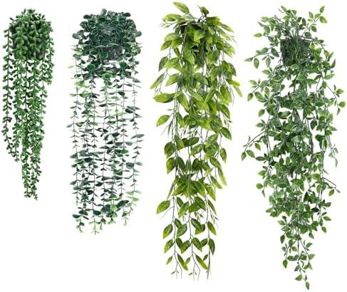 GOEJGSDJ Artificial Hanging Plants for Shelf, 4-Pack Fake Potted Greenery Faux Plant in Pot for Vintage Farmhouse Bathroom Office Desk Wall Bookshelf Room Accessories Décor