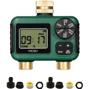 MOES 2 Outlet Sprinkler Timer, Brass Inlet & Outlet, Programmable Automatic Irrigation Controller, Rain Delay, Manual Watering, 2 Zone Water Hose Timer for Gardens, Lawns, and Hose Systems