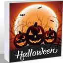 Halloween Decorations Indoor Home Room Pumpkins Table Sign Wood Box Rustic Wooden Shelf Desk Office Decor Season Sign House Warming Gifts 5.9 x 5.9 Inch
