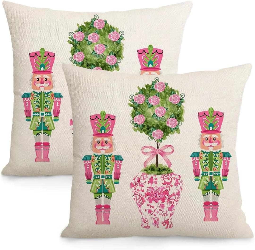 Christmas Pillow Cover 12x20 Inch, Pink Nutcracker Winter Holiday Decorative Cushion Cover, Chinoiserie Throw Pillow Case for Sofa or Bed