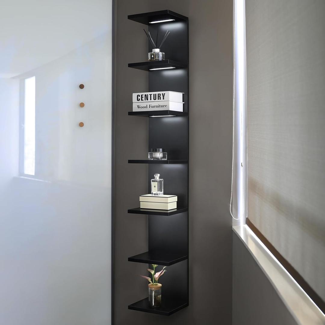 7 Tier Wall Shelves with Led Light, Lack Wall Shelf Unit, Vertical Shelf with Remonte Control,Black Shelves