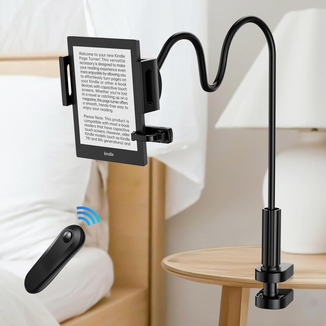 Kindle Holder with Remote Page Turner, Kindle Stand for Bed Reading, No Text Blocked 6mm Clip, No Margin Adjustments, Whisper-Quiet Page Turns, Fits 4.7-10" Devices Paperwhite, Oasis, iPad, iPhone