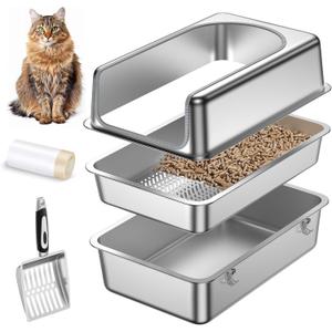 XXL All Stainless Steel Sifting Litter Box for Pine Pellets,Sifting Cat Litter Box with Lid,16''High Sides Metal Sifter Litter Pan System for Big Cats,Odor Control,Easy to Clean