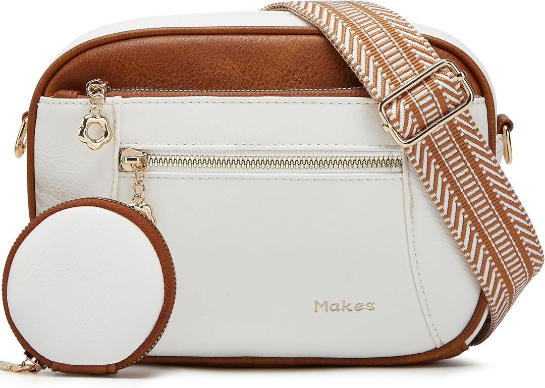 Crossbody Purse for Women Small Crossbody Bags Trendy Vegan Leather with Adjustable Shoulder Straps Gift for Mother Wife Mom (Beige With Brown Minimalism Upgrade)