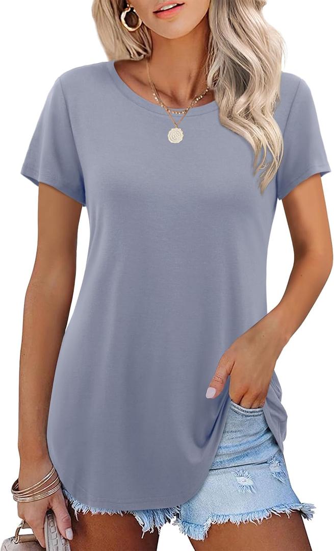 Amoretu Short Sleeve Tunic Tops Loose Fit for Women Crew Neck Tunic Tshirt (Blue, L)