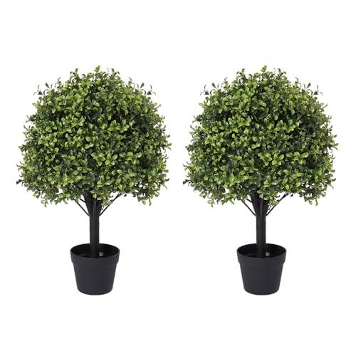Azoco 27“ Realistic Artificial Boxwood Topiary Trees Set of 2, Faux Boxwood Plants Outdoor UV-Resistant, No Maintenance Curb Appeal Fake Evergreen Bushes & Shrubs for Front Porch Outside Planter Decor