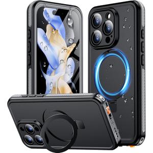 Temdan Magnetic for iPhone 16 Pro Case Waterproof, [Built-in Ring Invisible Stand & Screen Protector][IP68 Underwater][Dropproof][Dustproof][Real 360] Shockproof Protective Phone Case 6.3'' -Grey