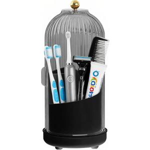JEESA Toothbrush Holder Organizer, with Drainage Holes, with Dustproof Cover, 360 Rotating, 3 Slots, for Bathroom Countertop, Black