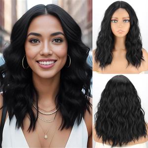 MISSQUEEN 18 Inch Short Wavy Black Wig for Women Medium Length Black Bob Style Synthetic Heat-resistant Natural Realistic Lace Hairline Black Hair Wig for Everyday Hairstyle Cosplay Party Use