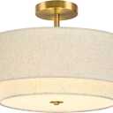 Bagood 3 Light Semi Flush Mount Ceiling Light Fixture 16 Inch Modern Gold Drum Ceiling Light Fixture with 2-Layer Fabric Shade Dimmable Close to Ceiling Light for Living Room Hallway Bedroom Entryway