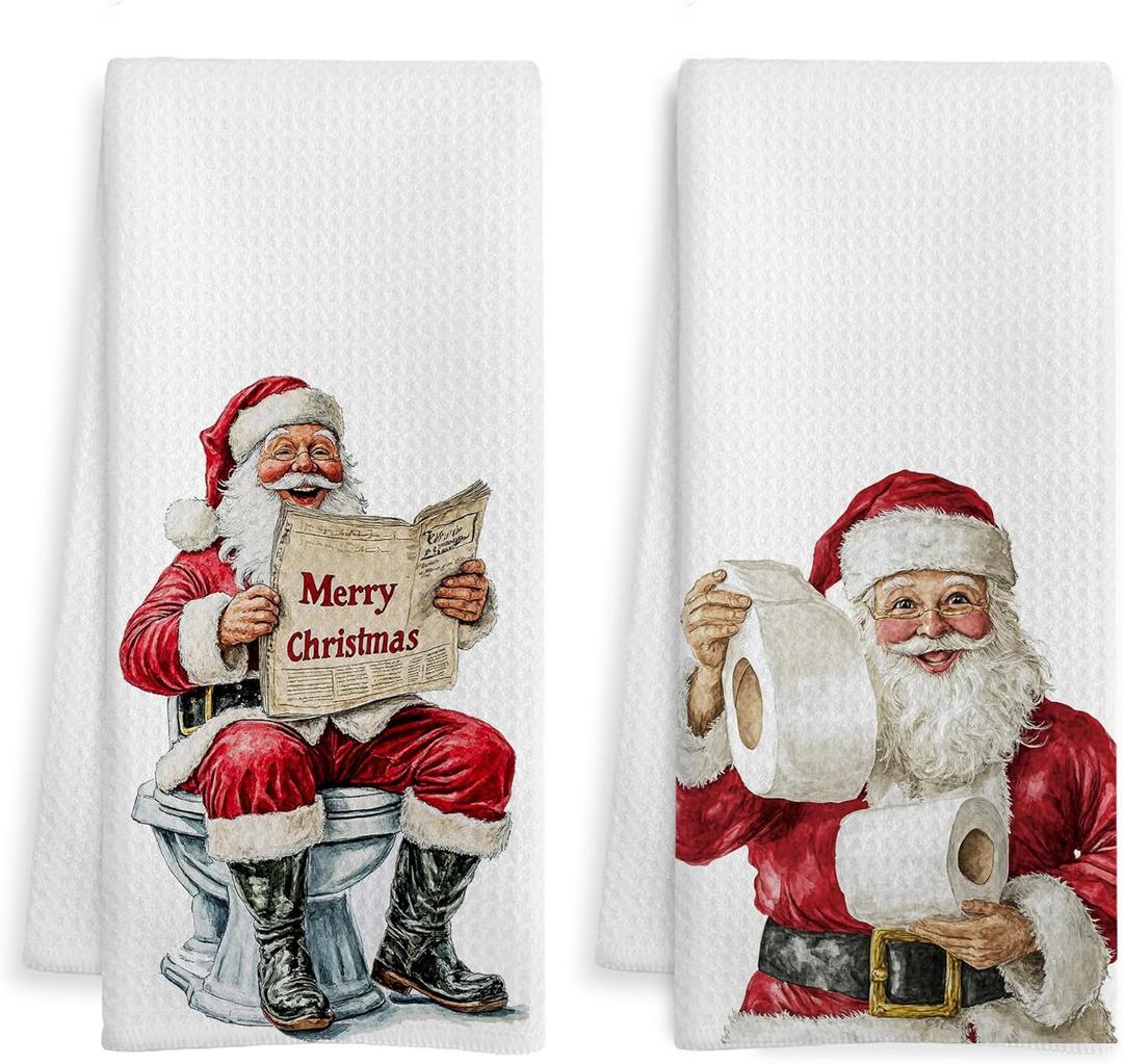 Funny Santa Bathroom Hand Towels, Christmas Bathroom Decor, Retro Xmas Santa Claus Decorative Hand Towels for Guest Bath Room Washroom Power Room Half Bath, 16x24 Inch Set of 2 (Color-10)