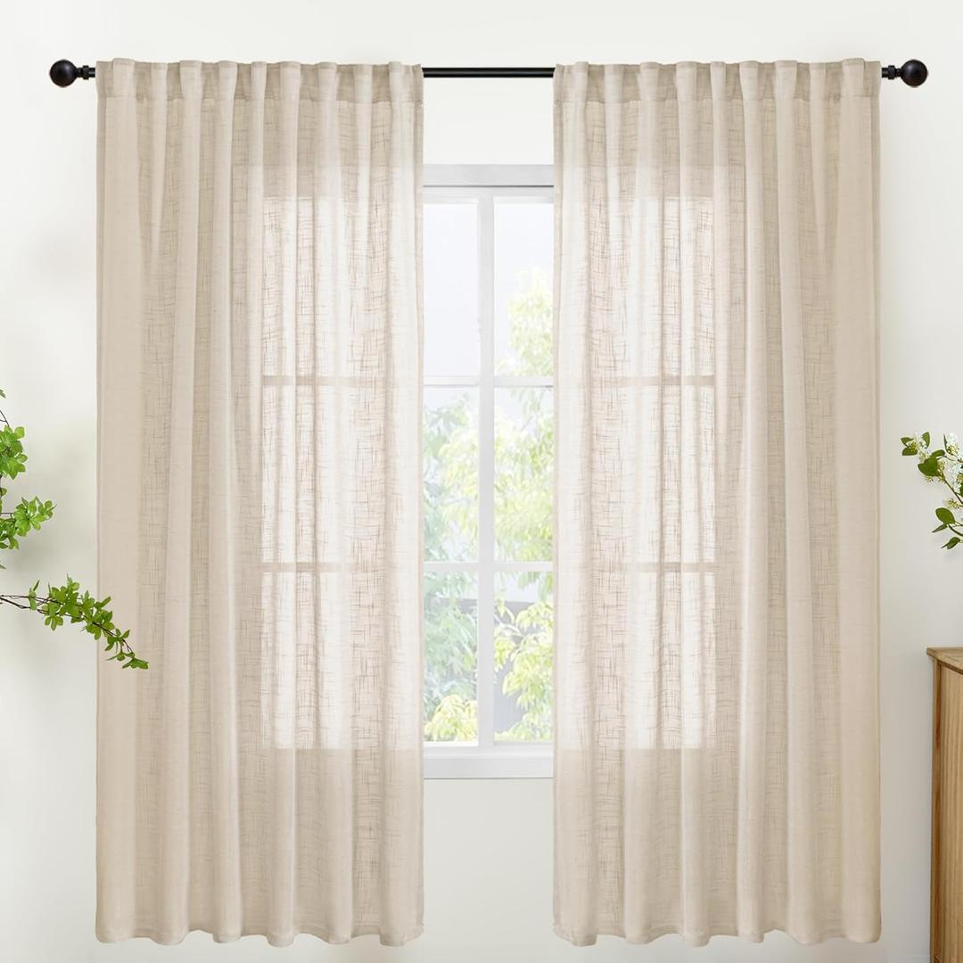 YoungsTex Oatmeal Linen Semi Sheer Curtains 72 Inches Long for Living Room, Light Filtering Window Drapes Natural Textured with Rod Pocket Back Tab for Dining Bedroom, 2 Panels, 52 X 72 Inch