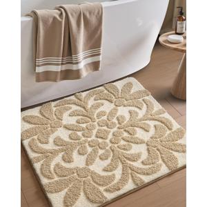 DEXI Bathroom Rug 31x31, Non Slip Washable Bath Mat, Absorbent Soft Microfiber Bathmat, Floral Plant Square Carpet for Shower Floor, Beige