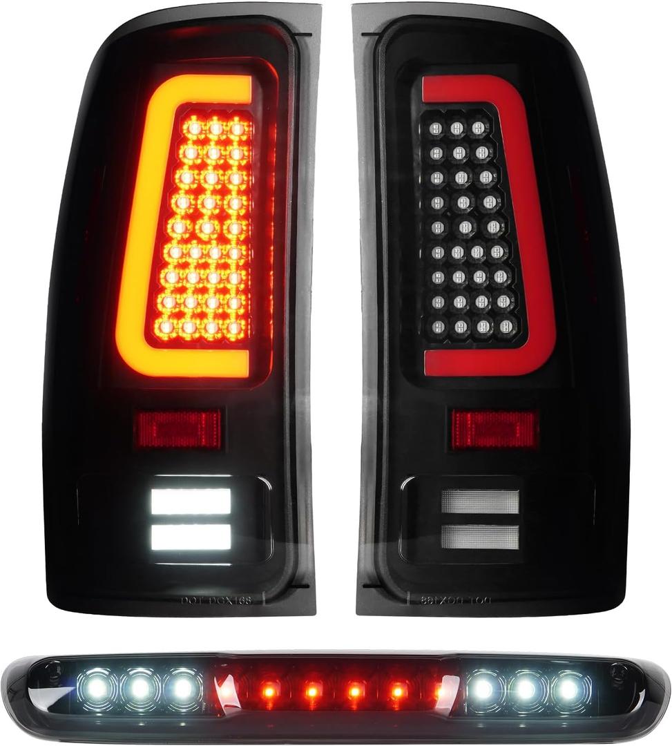 LED Tail Lights Assembly + 3rd Third Brake Cargo Lamp Fit for GMC Sierra 1500 07-13 (SL, SLE, SLT, WT), 2500HD 3500HD 07-14 (only fit 3500HD with Single Rear Wheel Model), Black Housing Smoked Lens