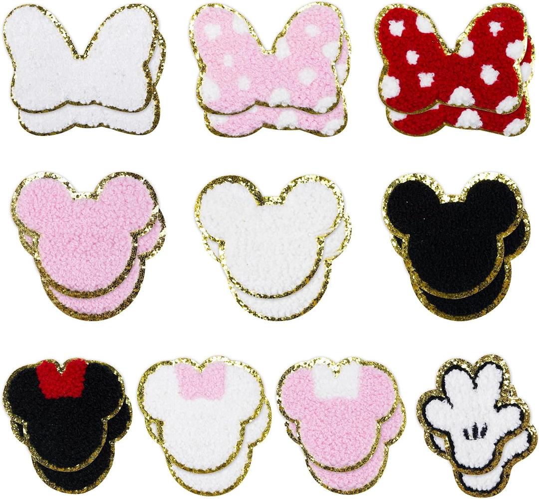 20Pcs Mouse Themed Patch, Pink Mouse Chenille Patches Gold Edges Bowknot Iron On Patch for Bags Hat DIY Clothing Repair