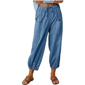 Womens Capri Pants Cotton Linen Cropped Trousers Summer Wide Leg Drawstring High Waist Palazzo Pants with Pockets (Blue, M)