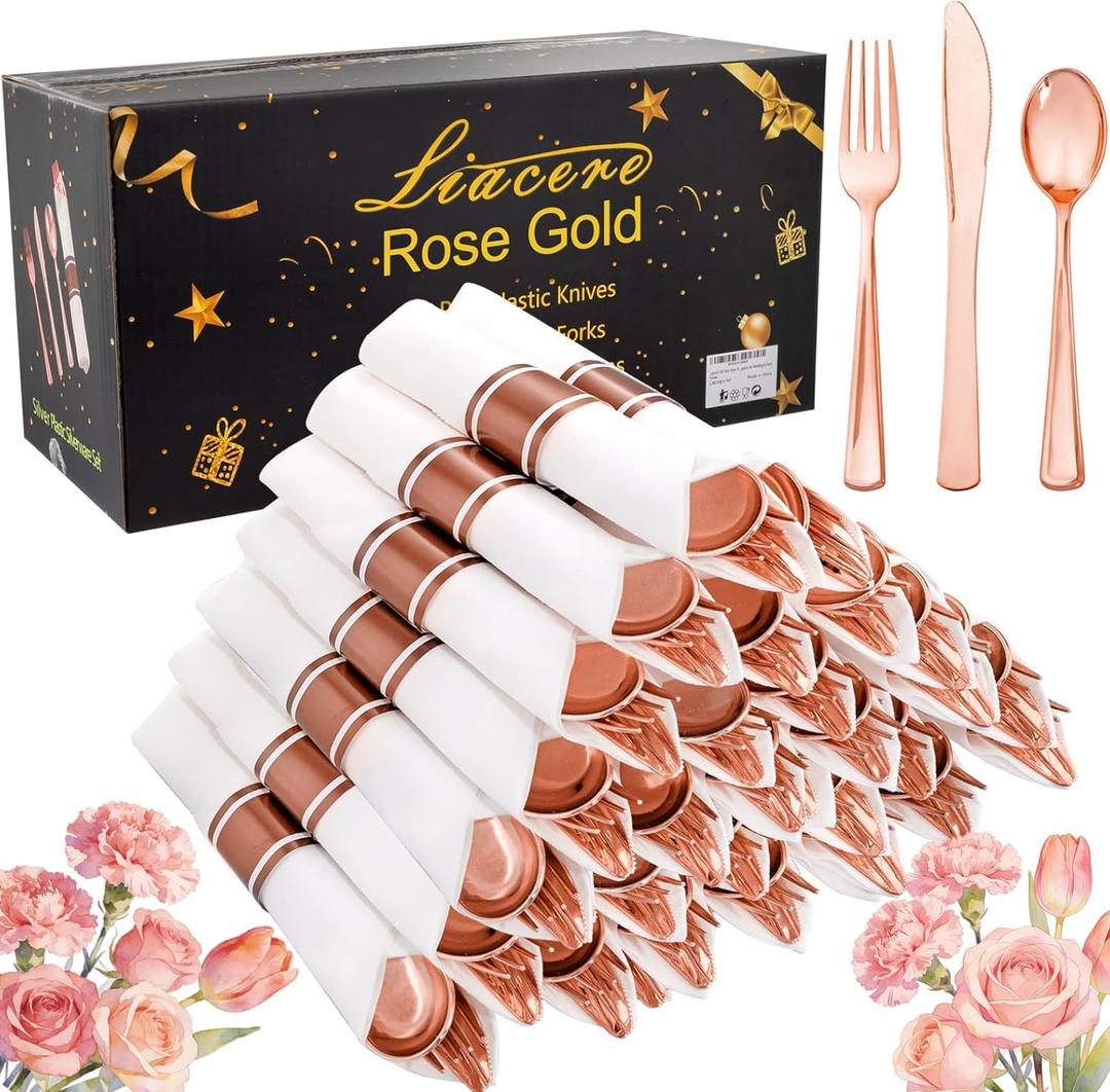 Liacere 100Pack Rose Gold Plastic Silverware - Pre Rolled Napkins with Rose Gold Cutlery - Wrapped Silverware Set Disposable100 Forks Knives Spoons Wrapped Utensils for Wedding＆Mothers Day