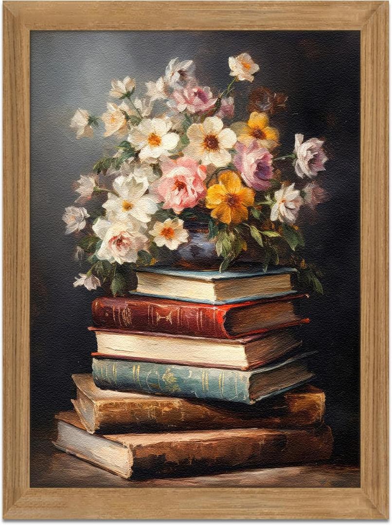 Framed Vintage Floral Wall Art - 3D Textured Flowers Books Sandstone Hand Drawn Art Oil Painting - Minimalist Botanical Wall Decor for Bedroom Living Room Office Decor 12x16in