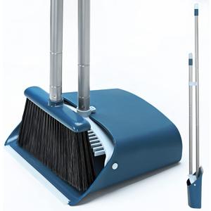 Standing Dustpan and Broom Set with 52" Long Extendable Handle for Home, Indoor, Kitchen Room Office Lobby Floor Cleaning (Navy Blue)